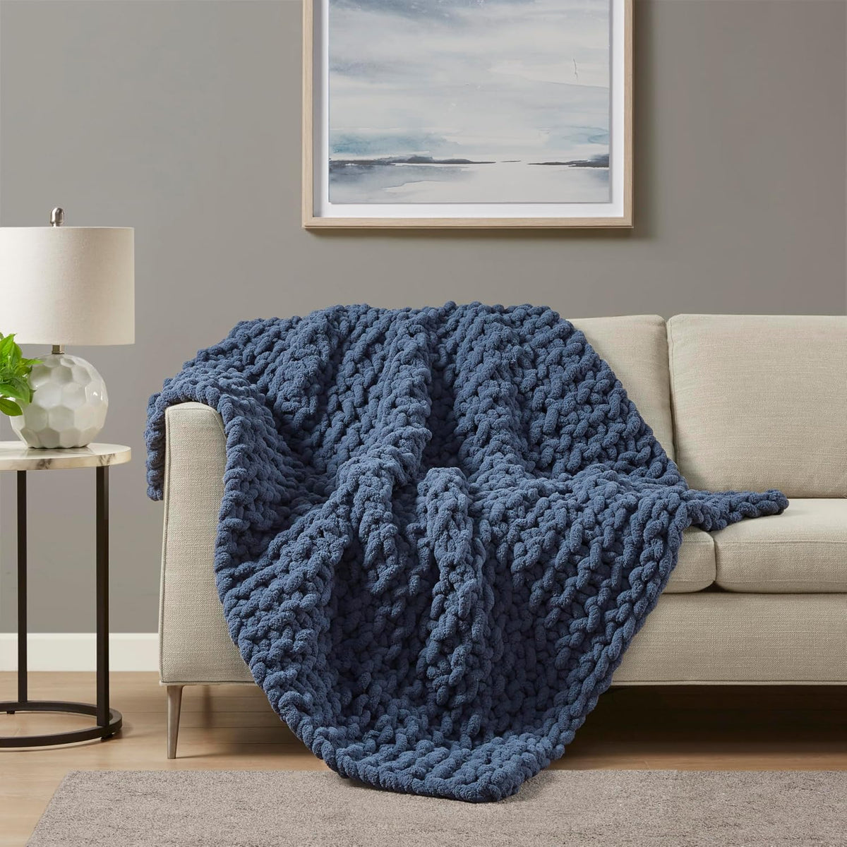 Navy Chenille Chunky Knit Throw Blanket