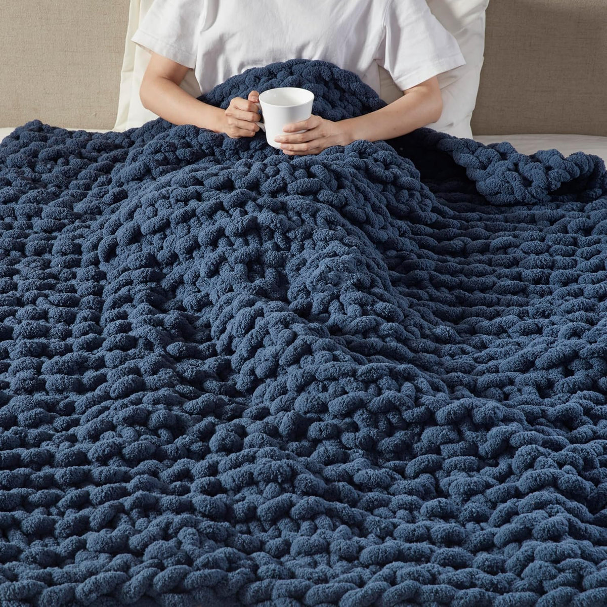 Navy Chenille Chunky Knit Throw Blanket