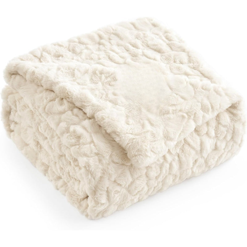 Cream Reversible Faux Fur Throw Blanket